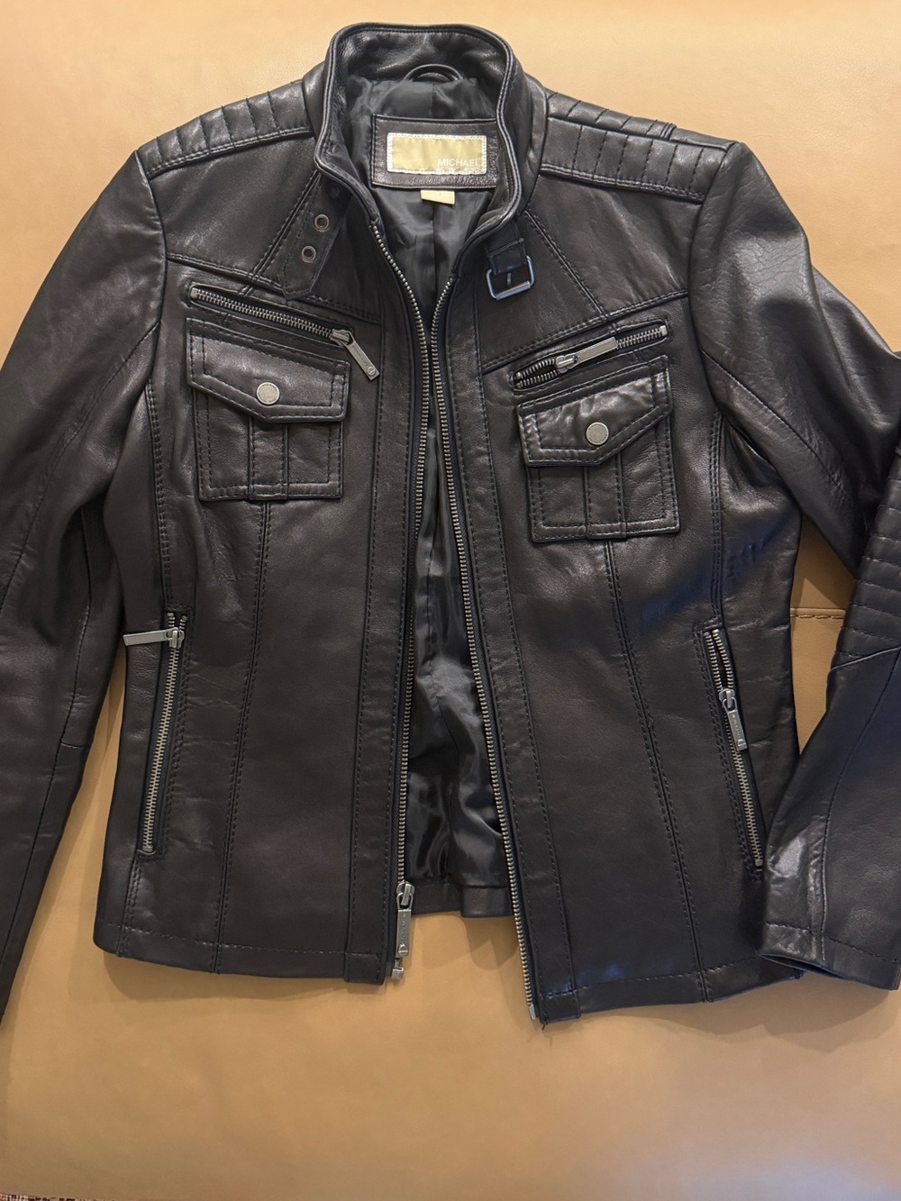 Michael Kors Black Leather Bomber-Style Jacket